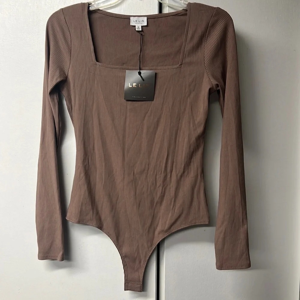 Long sleeve light brown square neck body suit - Picture 1 of 4